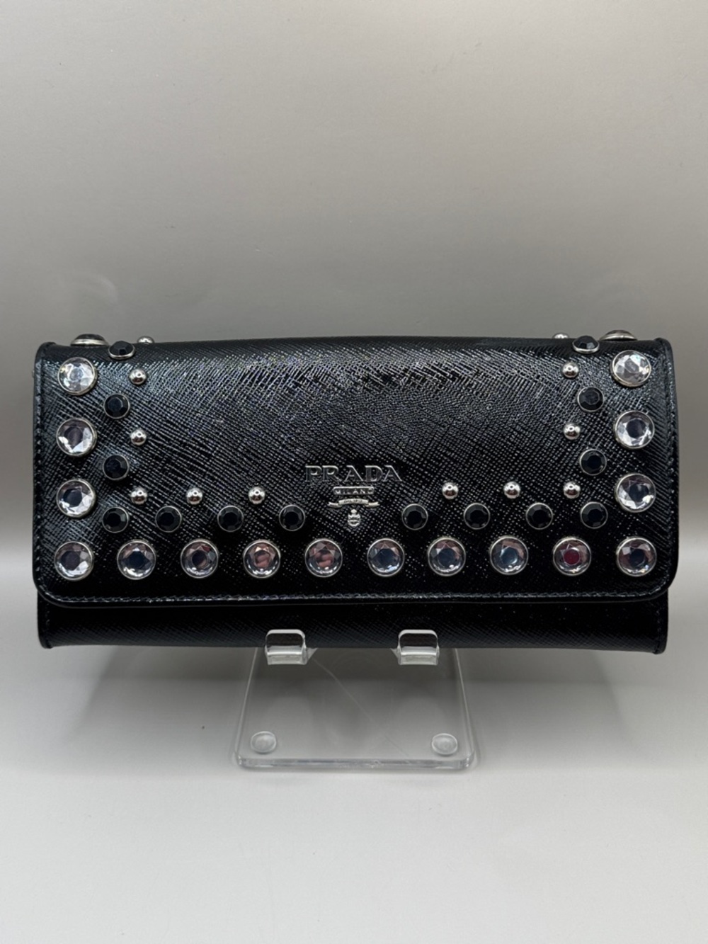 Prada Saffiano Vernice Crystal-Studded Flap Wallet